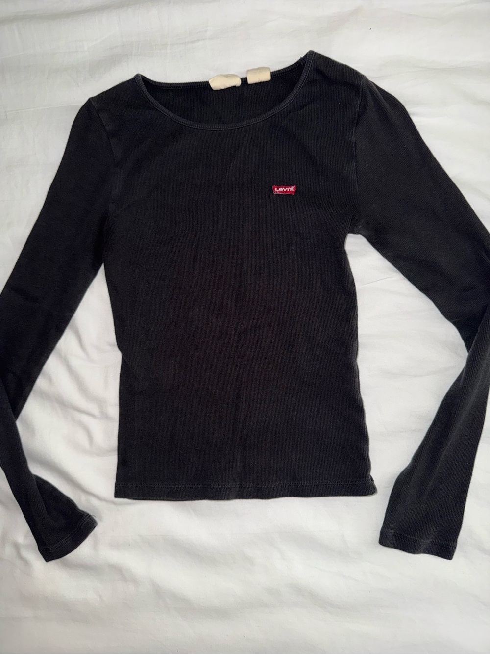 Levi's Black Long Sleeve Ribbed Crewneck Top with Red Logo Tab